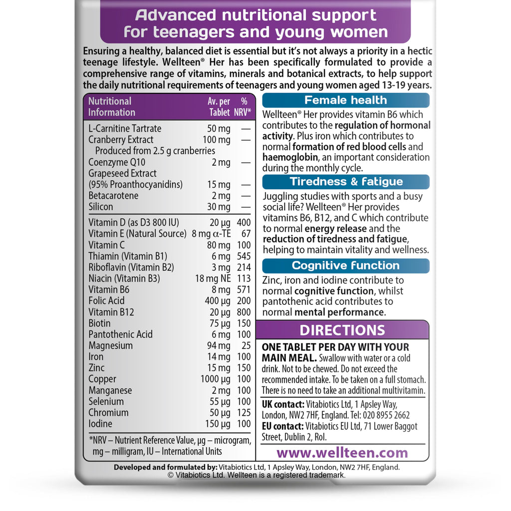 Wellteen Multivitamin Tablets for Teen Girls - 30 Count - Daily Health Supplement - Damaged Box - BBE 08/2027