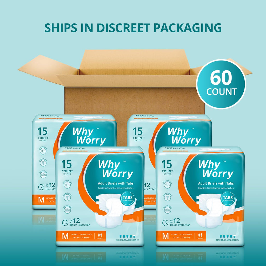 WhyWorry Adult Nappies for Women and Men, Medium, 60 Count - Damaged Box