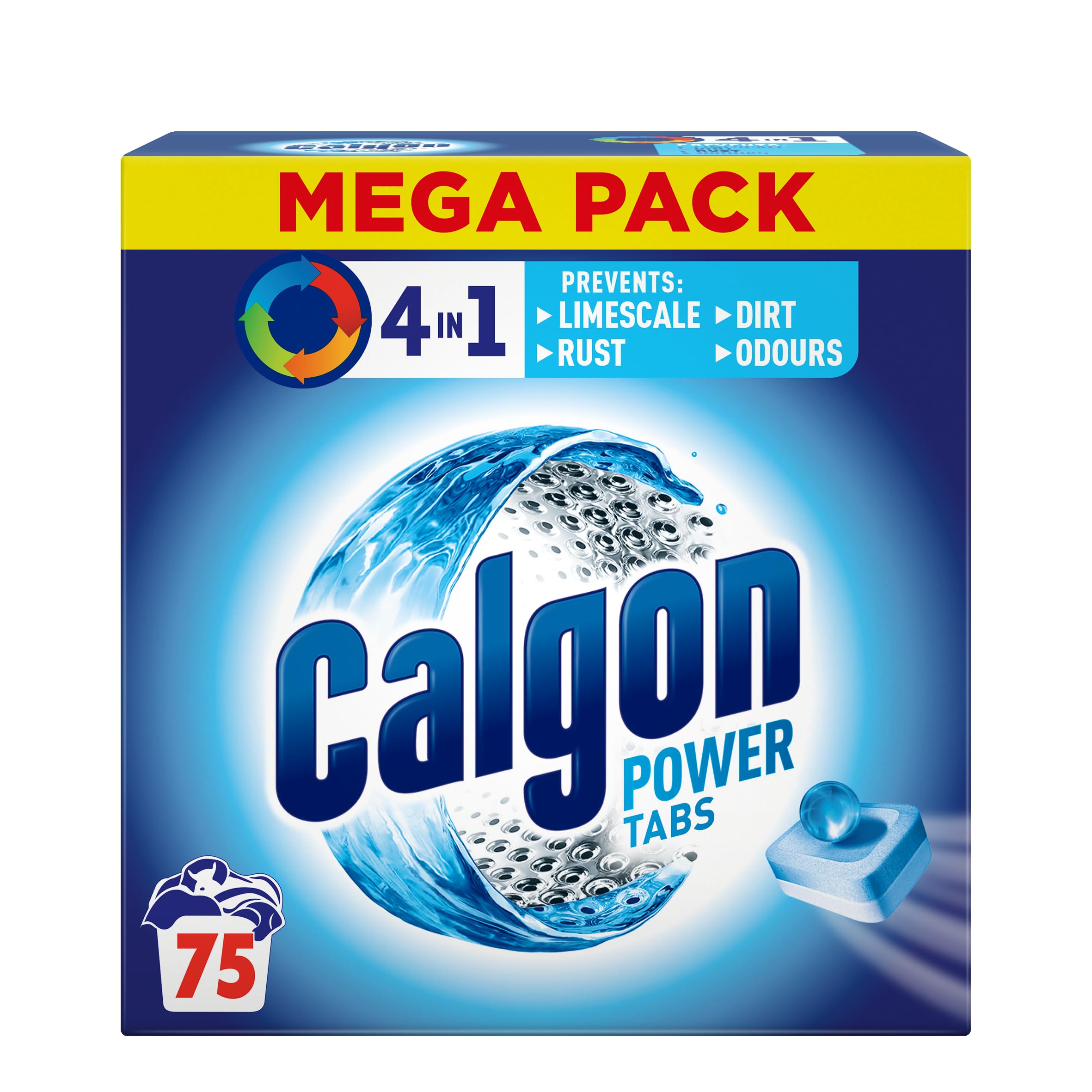 Calgon 4-in-1 Washing Machine Cleaner and Water Softener Tablets, 75 Count , Removes Limescale, Residue, Dirt, Rust & Malodours , Deep Clean , XL Pack Size - New