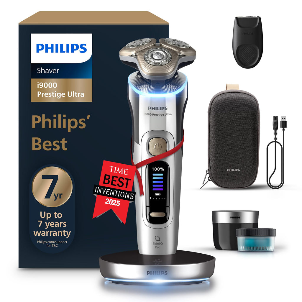 Philips Shaver i9000 Prestige Ultra, Wet & Dry Electric Shaver, Chrome, Skin IQ Pro Technology, Triple Lift & Cut System, 360 Rotating NanoTech Precision Blades, 5 Shaving Modes, Model XP9404/31 - Like New