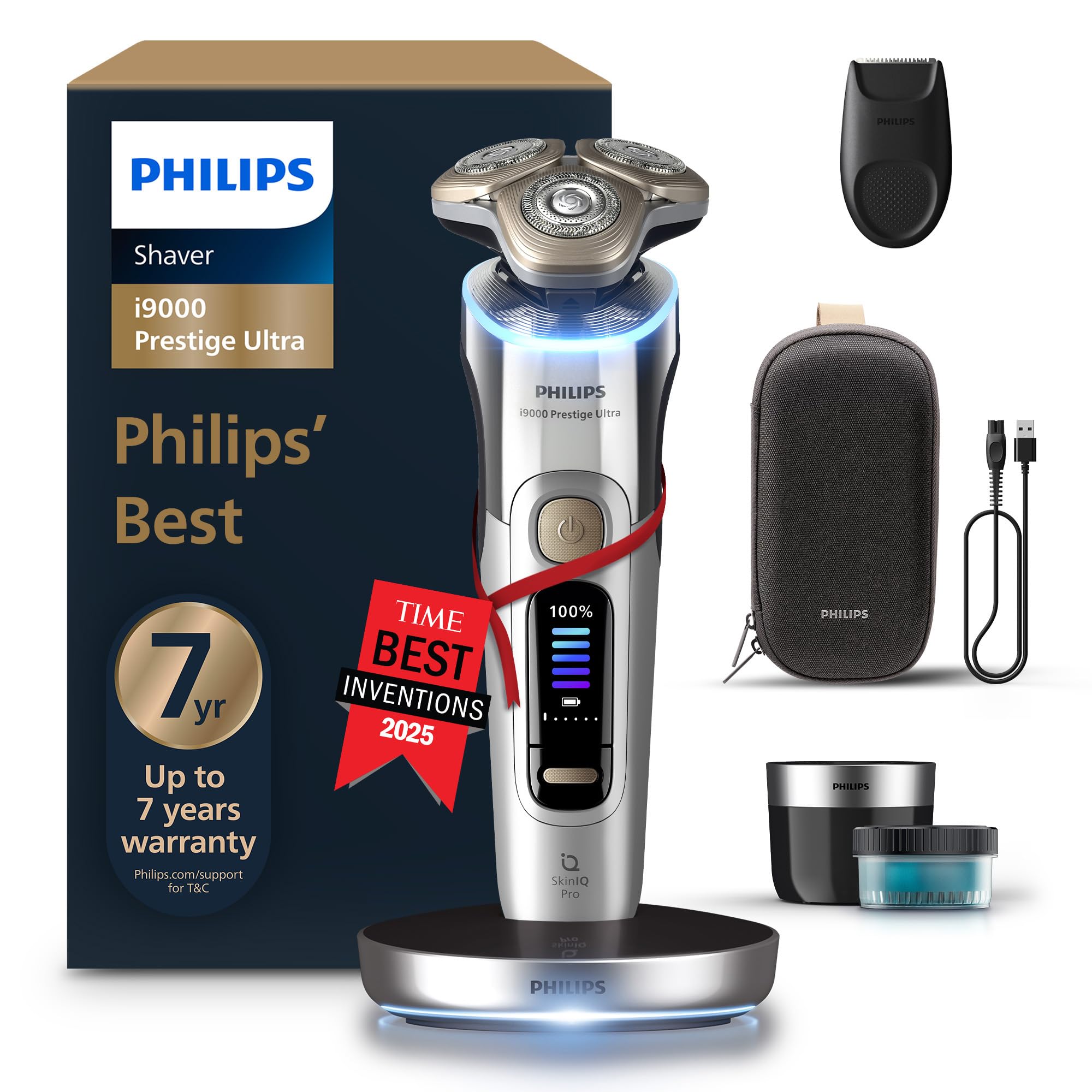 Philips Shaver i9000 Prestige Ultra, Wet & Dry Electric Shaver, Chrome, Skin IQ Pro Technology, Triple Lift & Cut System, 360 Rotating NanoTech Precision Blades, 5 Shaving Modes, Model XP9404/31 - Like New