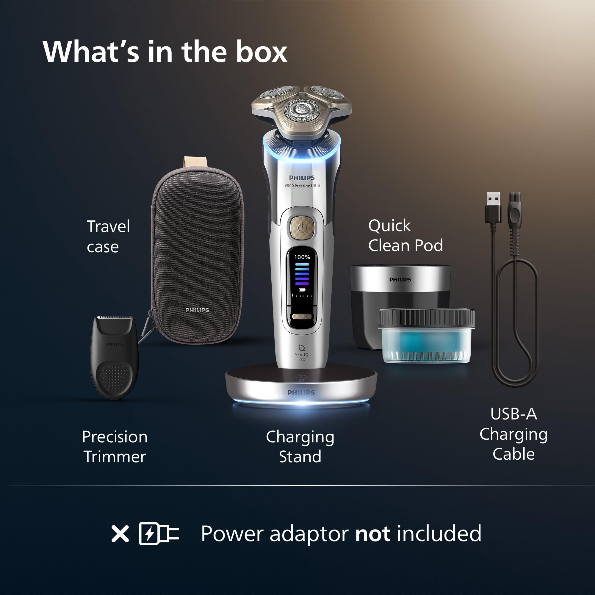Philips Shaver i9000 Prestige Ultra, Wet & Dry Electric Shaver, Chrome, Skin IQ Pro Technology, Triple Lift & Cut System, 360 Rotating NanoTech Precision Blades, 5 Shaving Modes, Model XP9404/31 - Like New