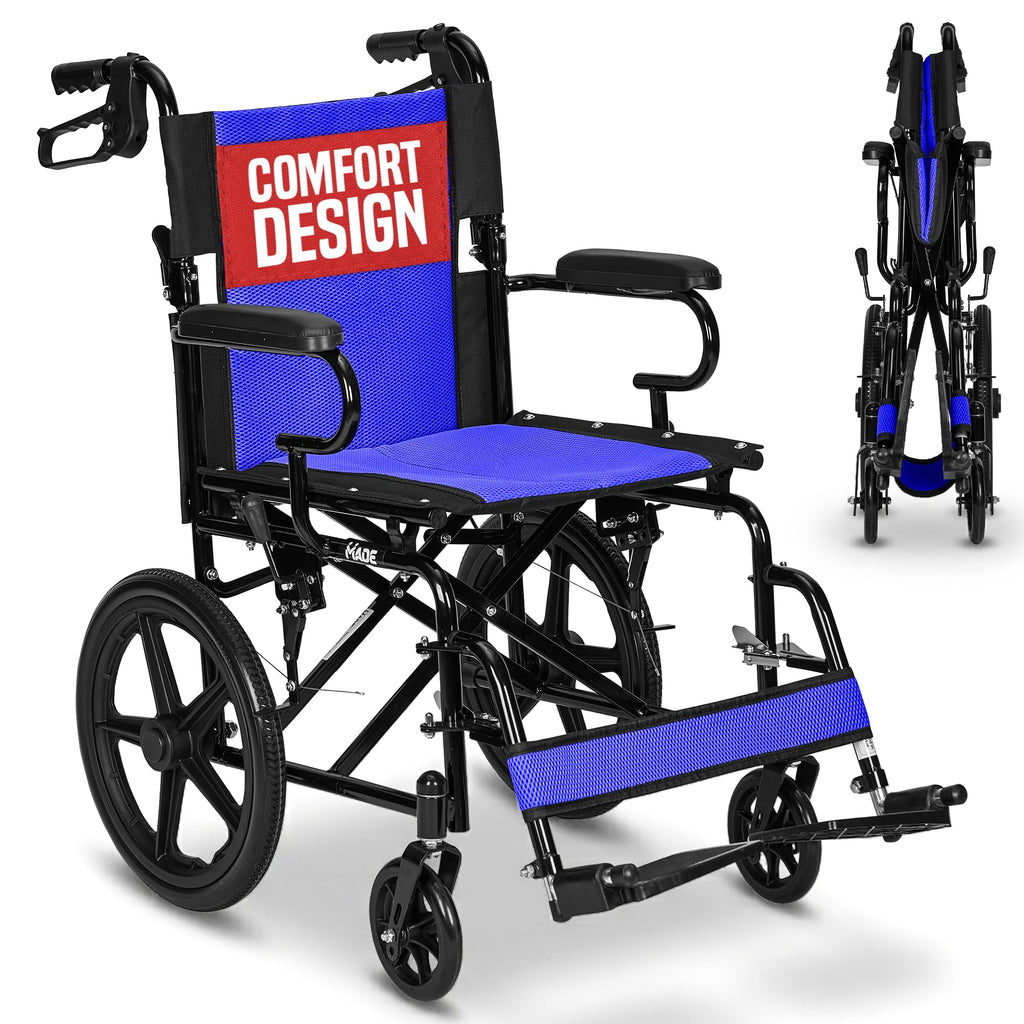 Lightweight Folding Wheelchair - Travel Friendly Foldable Transit Wheel Chair - Adjustable Footrests, Lock Lever Brakes, Dual Parking Brakes - Blue, Wide 20" Seat - Like New