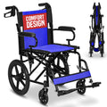 Lightweight Folding Wheelchair - Travel Friendly Foldable Transit Wheel Chair - Adjustable Footrests, Lock Lever Brakes, Dual Parking Brakes - Blue, Wide 20" Seat - Like New