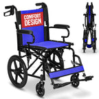 Lightweight Folding Wheelchair - Travel Friendly Foldable Transit Wheel Chair - Adjustable Footrests, Lock Lever Brakes, Dual Parking Brakes - Blue, Wide 20" Seat - Like New