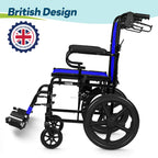 Lightweight Folding Wheelchair - Travel Friendly Foldable Transit Wheel Chair - Adjustable Footrests, Lock Lever Brakes, Dual Parking Brakes - Blue, Wide 20" Seat - Like New