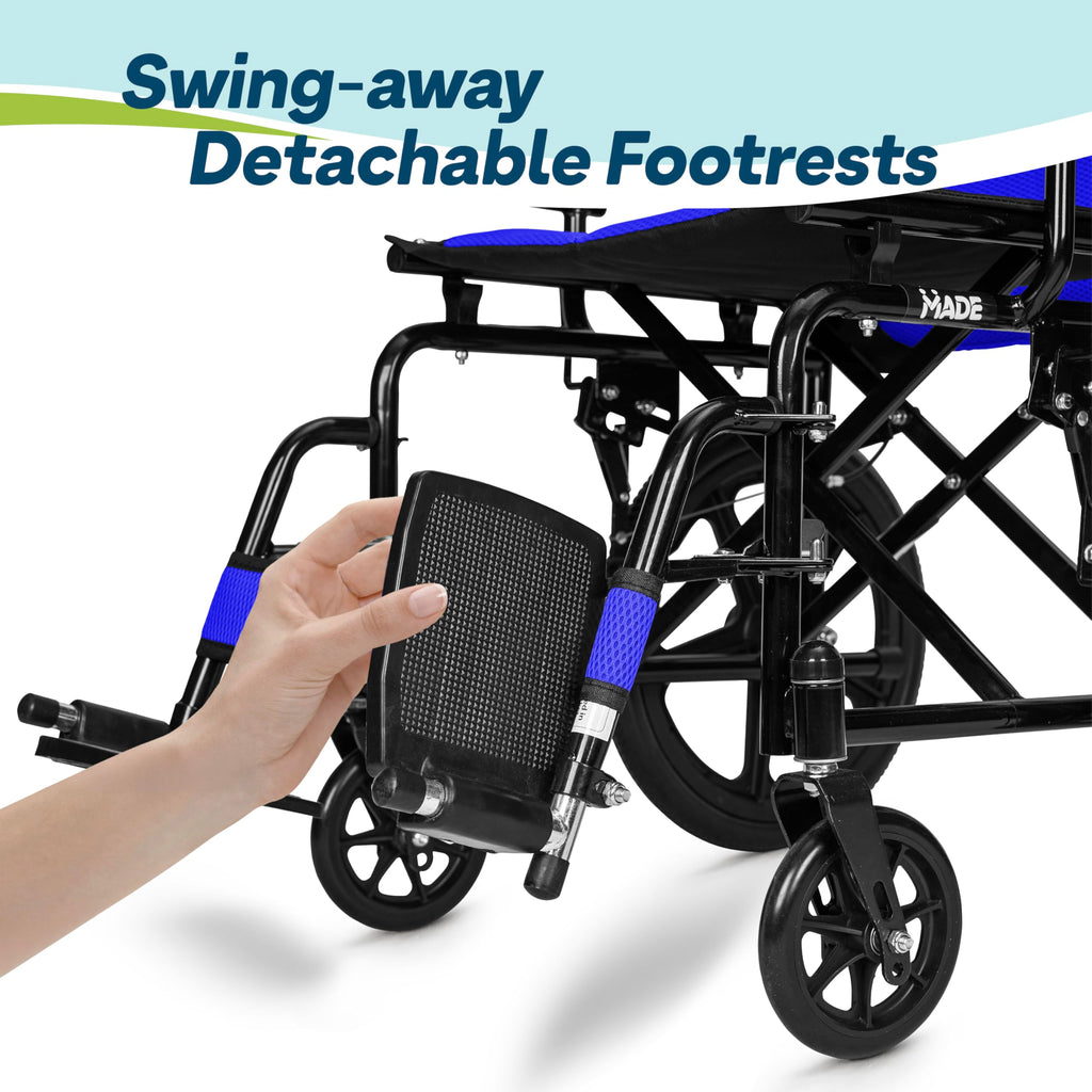 Lightweight Folding Wheelchair - Travel Friendly Foldable Transit Wheel Chair - Adjustable Footrests, Lock Lever Brakes, Dual Parking Brakes - Blue, Wide 20" Seat - Like New