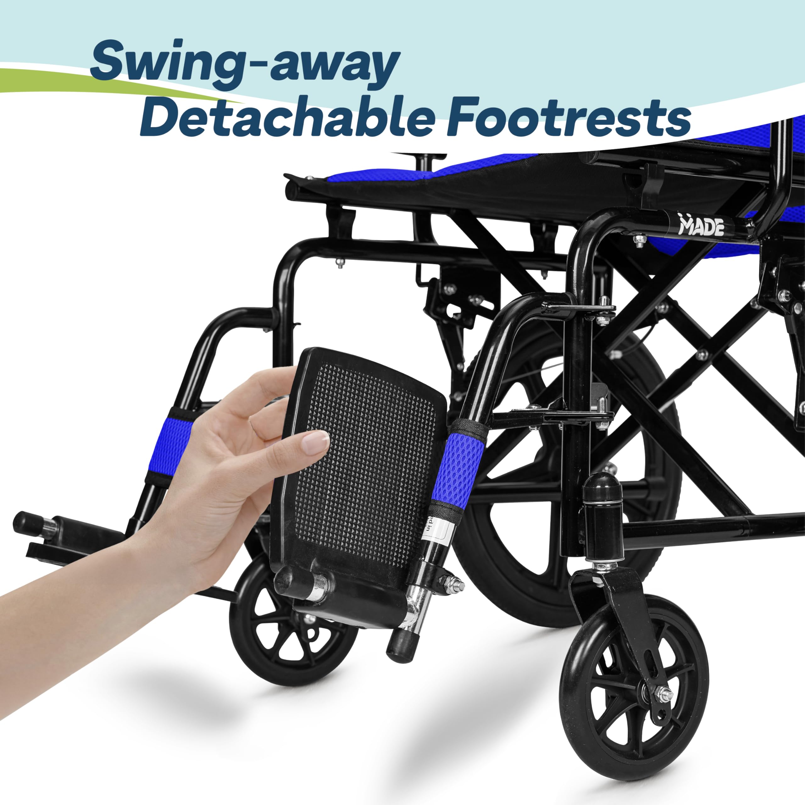 Lightweight Folding Wheelchair - Travel Friendly Foldable Transit Wheel Chair - Adjustable Footrests, Lock Lever Brakes, Dual Parking Brakes - Blue, Wide 20" Seat - Like New
