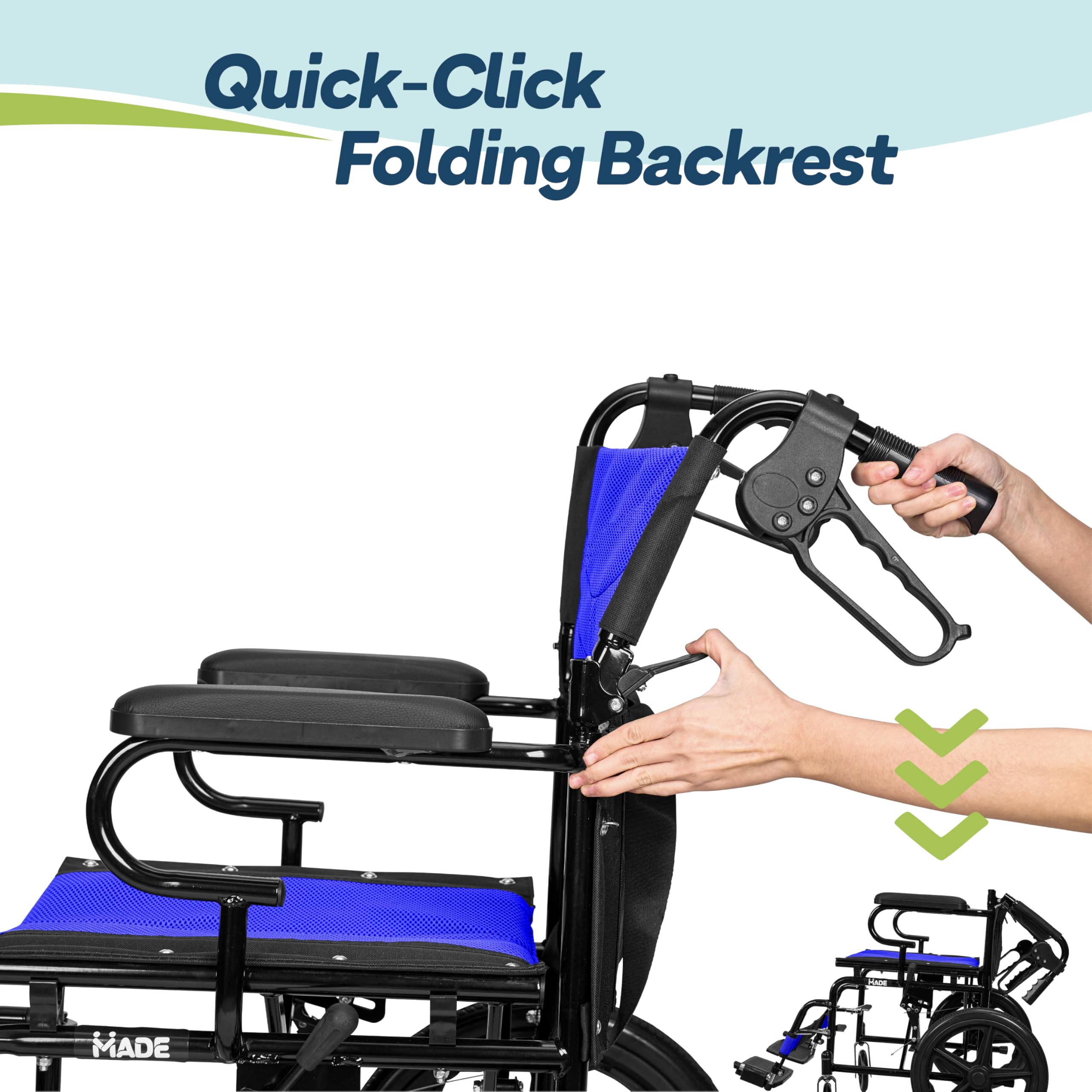 Lightweight Folding Wheelchair - Travel Friendly Foldable Transit Wheel Chair - Adjustable Footrests, Lock Lever Brakes, Dual Parking Brakes - Blue, Wide 20" Seat - Like New
