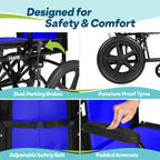 Lightweight Folding Wheelchair - Travel Friendly Foldable Transit Wheel Chair - Adjustable Footrests, Lock Lever Brakes, Dual Parking Brakes - Blue, Wide 20" Seat - Like New