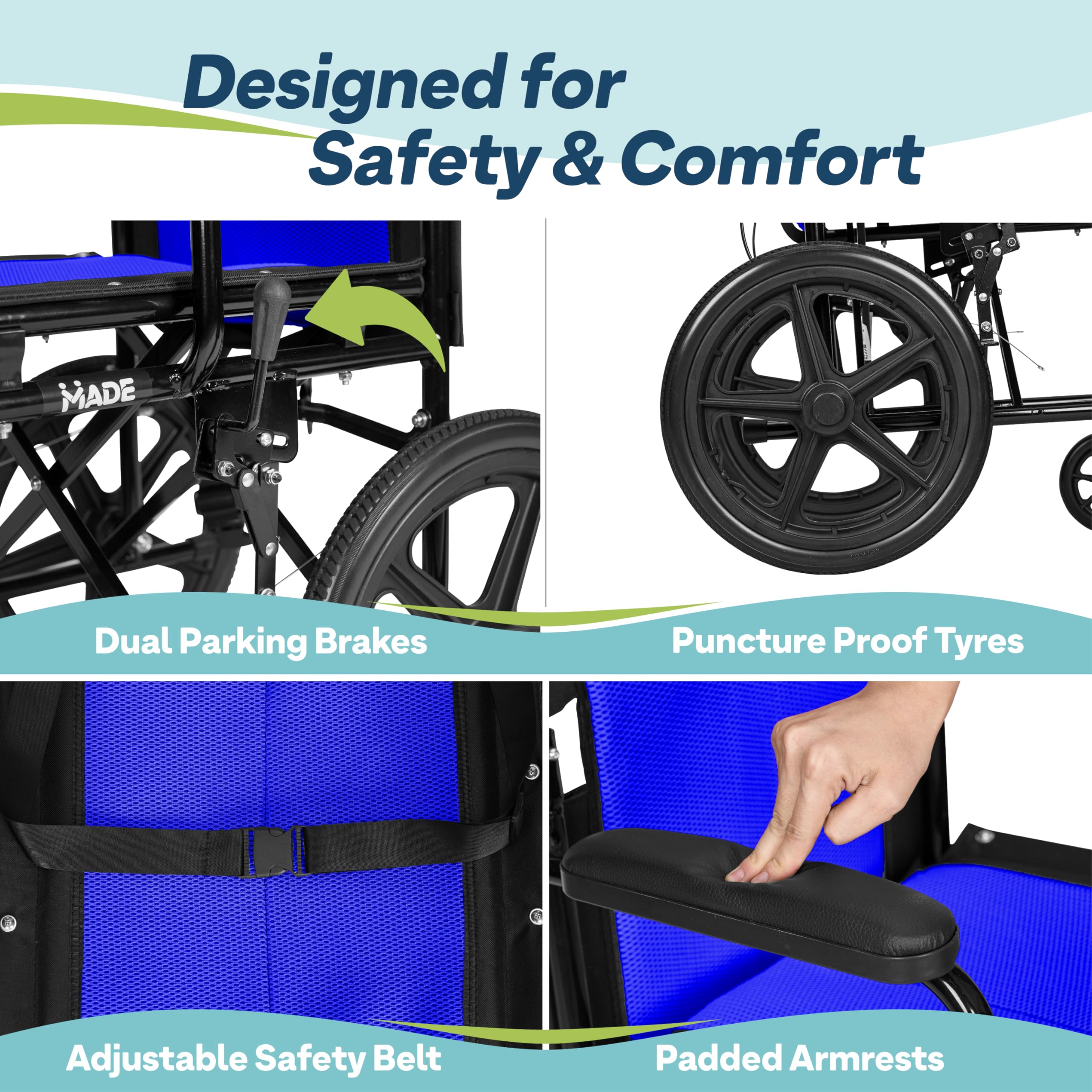 Lightweight Folding Wheelchair - Travel Friendly Foldable Transit Wheel Chair - Adjustable Footrests, Lock Lever Brakes, Dual Parking Brakes - Blue, Wide 20" Seat - Like New