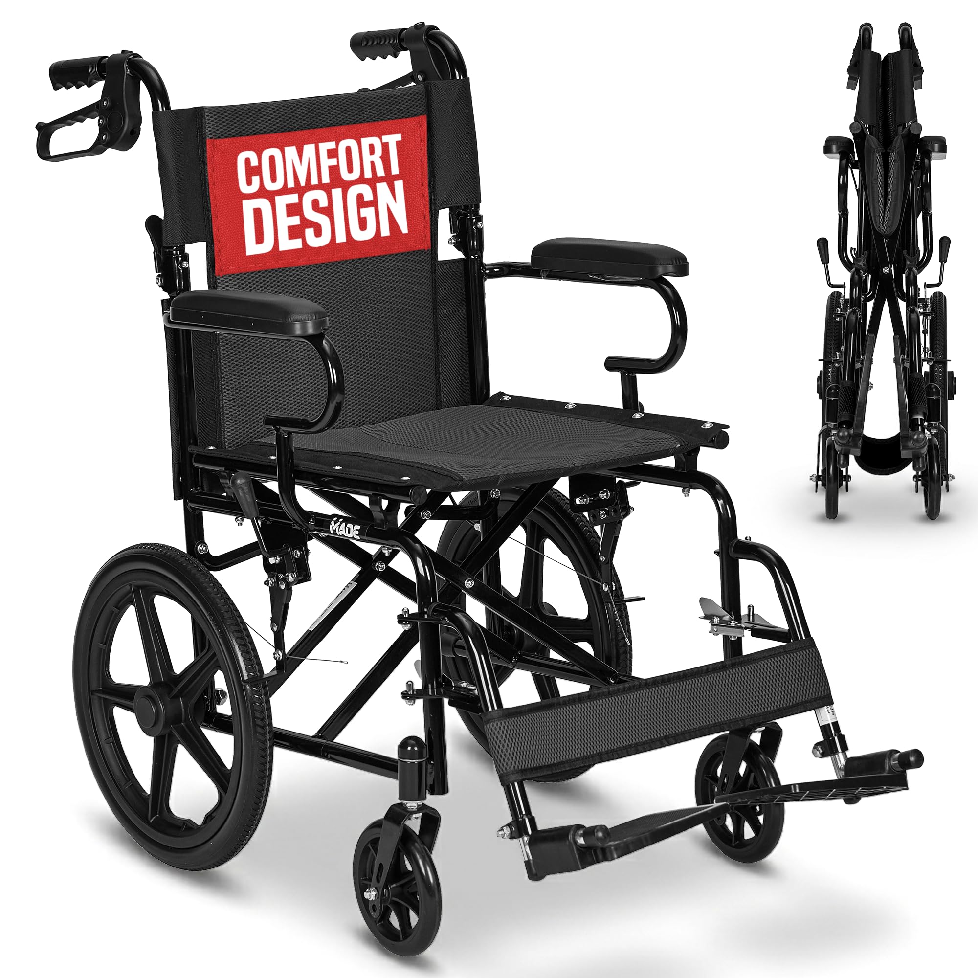 Lightweight Folding Wheelchair - Travel Friendly Foldable Transit Wheel Chair - Adjustable Footrests, Lock Lever Brakes, Dual Parking Brakes - Blue, Wide 20" Seat - Like New