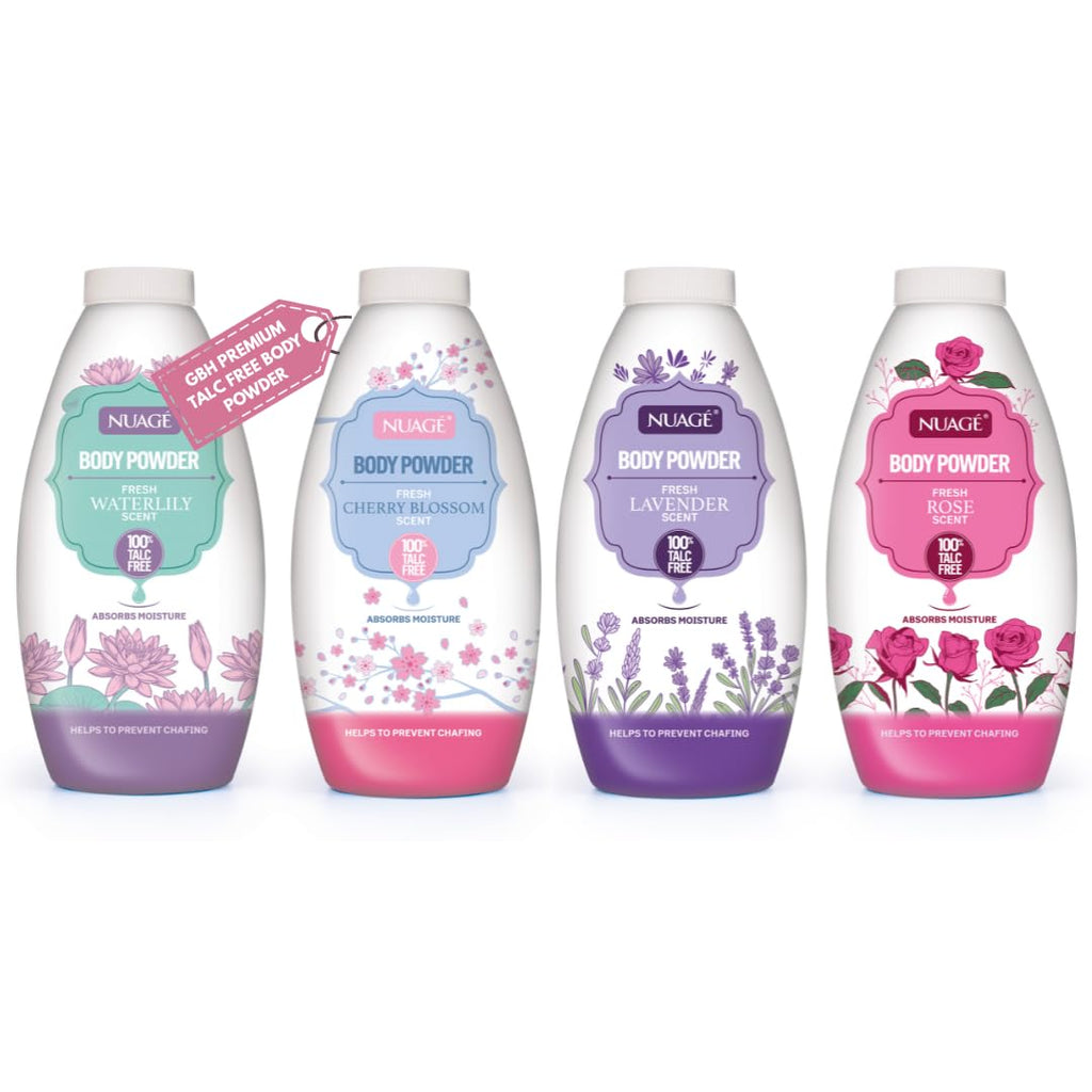 Nuage Talc Free Body Powder 250g x 4 Pack - Lavender, Rose, Water Lily, Cherry Blossom - Moisture Absorbing for Men & Women - New