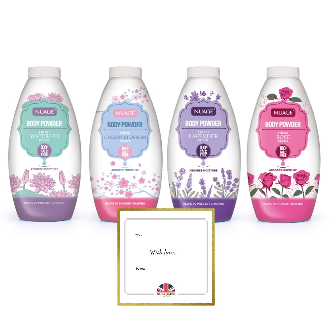 Nuage Talc Free Body Powder 250g x 4 Pack - Lavender, Rose, Water Lily, Cherry Blossom - Moisture Absorbing for Men & Women - New