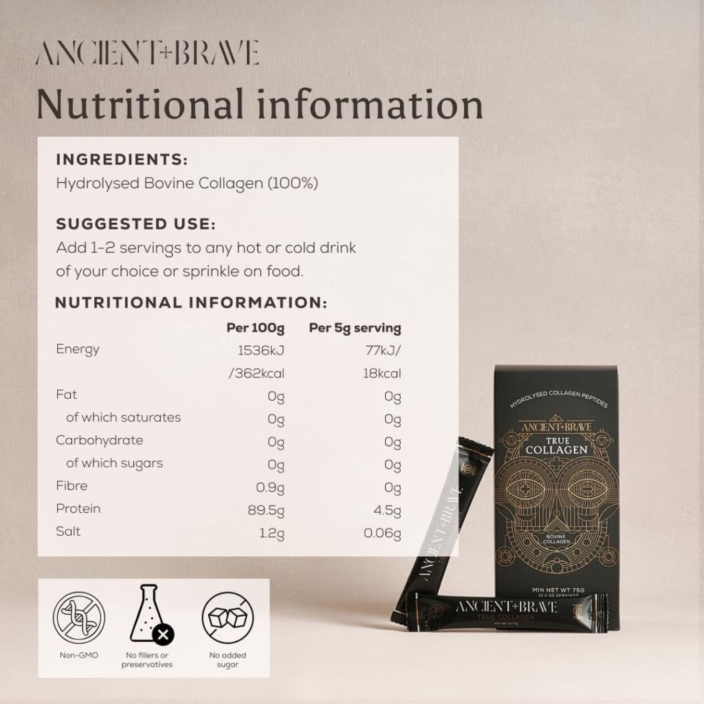 Ancient + Brave True Collagen Powder 15 x 5g | Bovine Collagen - Damaged Box - BBE 11/2027