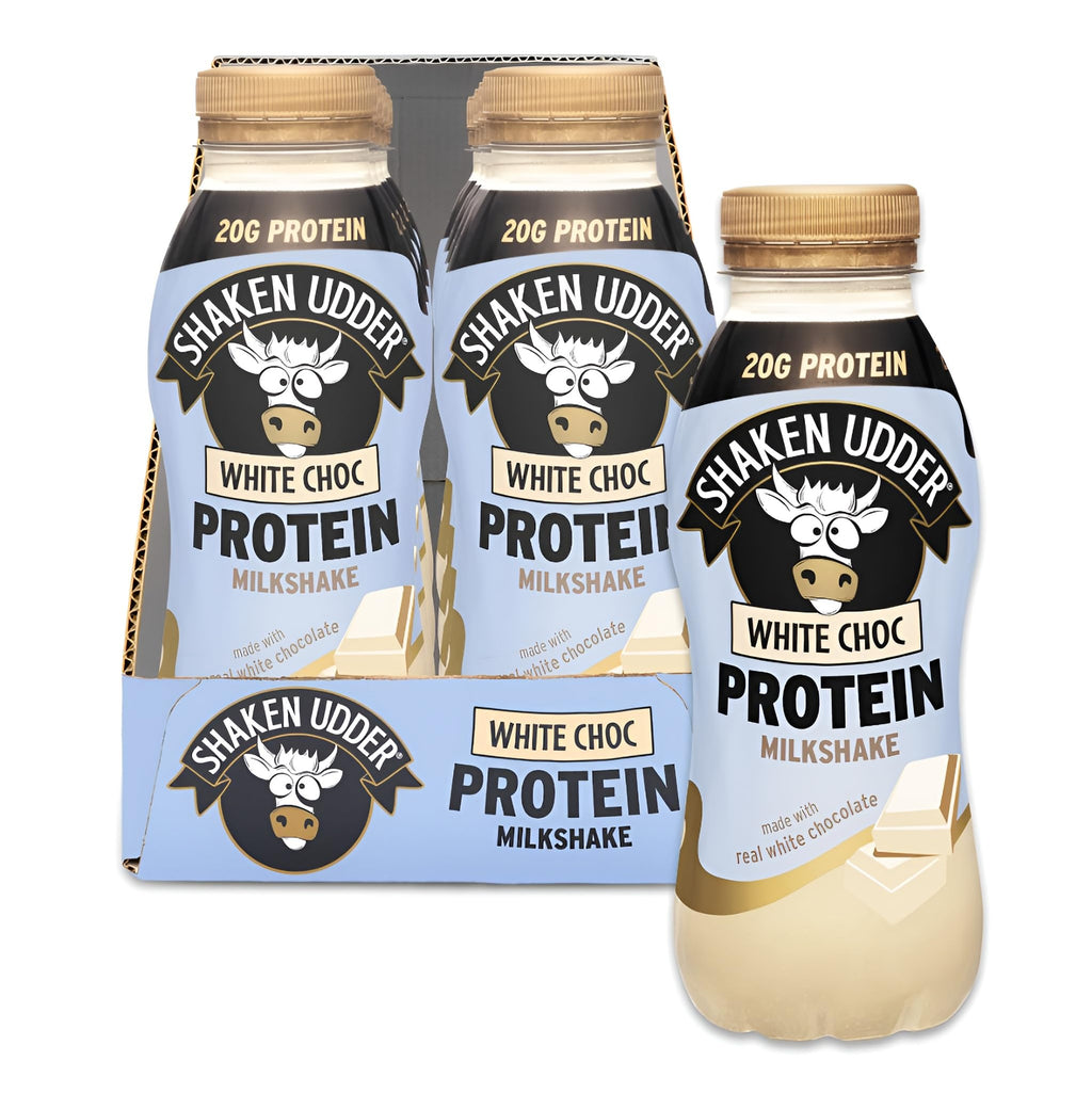 Shaken Udder White Chocolate Protein Milkshake - 8 x 330ml - High Protein, Calcium, Gluten-Free Drink - Damaged Box - BBE 02/2027