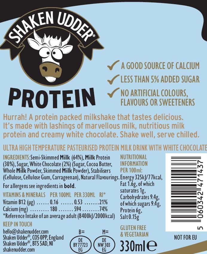 Shaken Udder White Chocolate Protein Milkshake - 8 x 330ml - High Protein, Calcium, Gluten-Free Drink - Damaged Box - BBE 02/2027