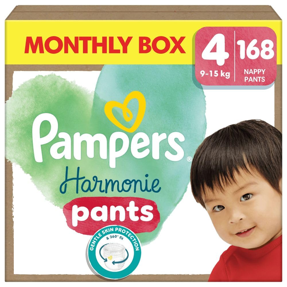 Pampers Harmonie Nappy Pants Size 4, 168 Nappies, 9kg-15kg, Monthly Pack, Gentle Skin Protection and 360^0 Comfort Fit - New