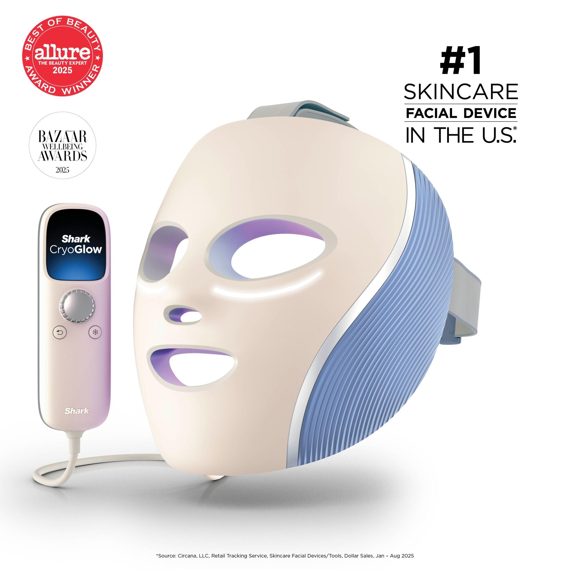 Shark CryoGlow LED Face Mask with Under-Eye Cooling, Anti-Ageing & Blemish Repair, Red & Blue LED, Infrared Light Therapy, USB-C, Remote Control, Storage Bag, Adjustable Straps - Like New