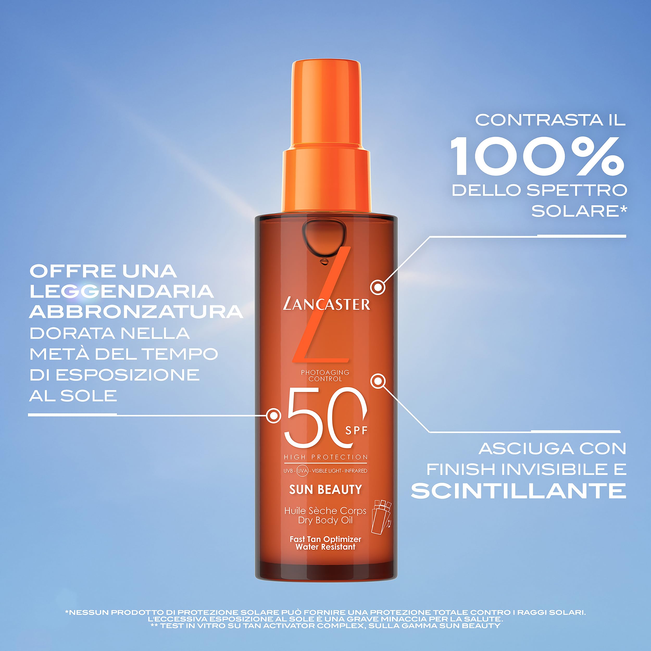 Lancaster Sun Beauty Dry Body Oil SPF50 150ml | Photoaging Control | Broad Spectrum Sun Protection | Fast Tan Optimizer | Water Resistant Formula | Dries Invisible | Suitable for All Skin Types - New