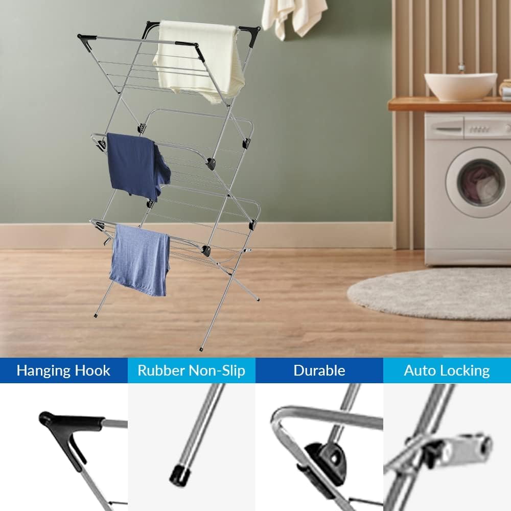 1ABOVE 3 Tier Clothes Airer Dryer Rack - 15m Drying Space - Indoor Outdoor Laundry Washing Line Horse - Black & Grey - Non-Slip Feet - New