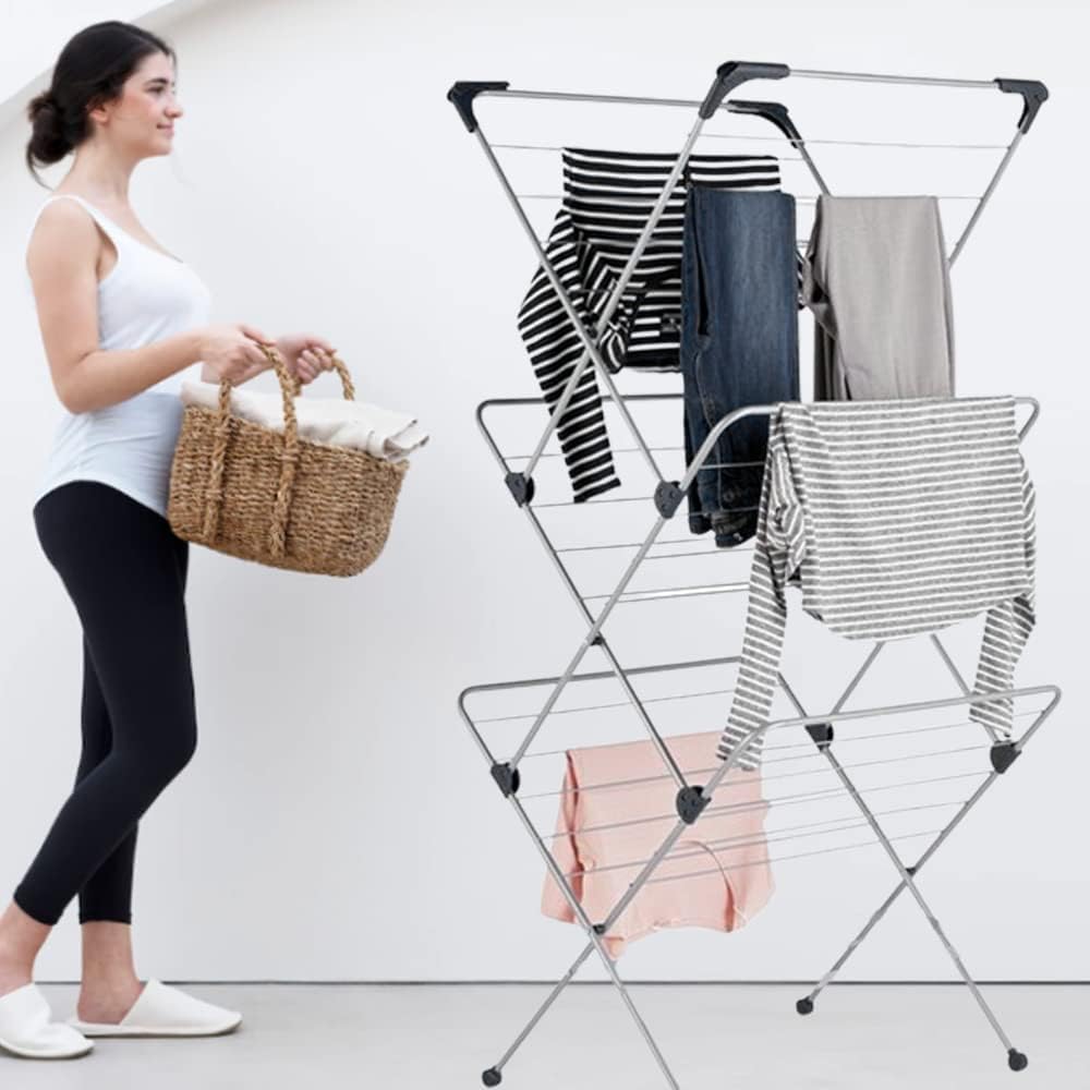 1ABOVE 3 Tier Clothes Airer Dryer Rack - 15m Drying Space - Indoor Outdoor Laundry Washing Line Horse - Black & Grey - Non-Slip Feet - New