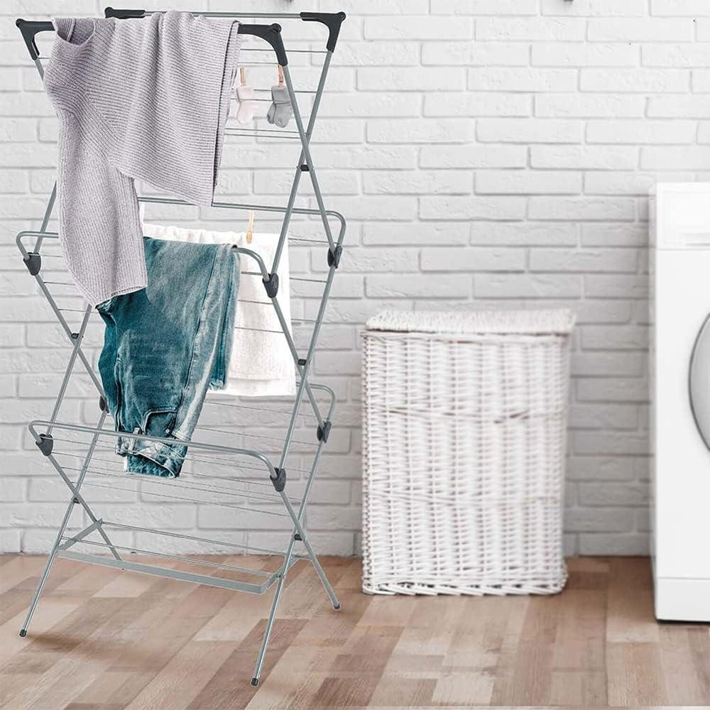 1ABOVE 3 Tier Clothes Airer Dryer Rack - 15m Drying Space - Indoor Outdoor Laundry Washing Line Horse - Black & Grey - Non-Slip Feet - New