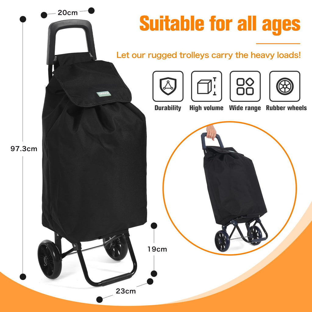 Rainberg 50Ltr Lightweight 2 Wheels Shopping Trolley, Hard Wearing & Foldaway Trendy Folding, Collapsible Push/Pull Carts for Easy Storage (Black) - Damaged Box