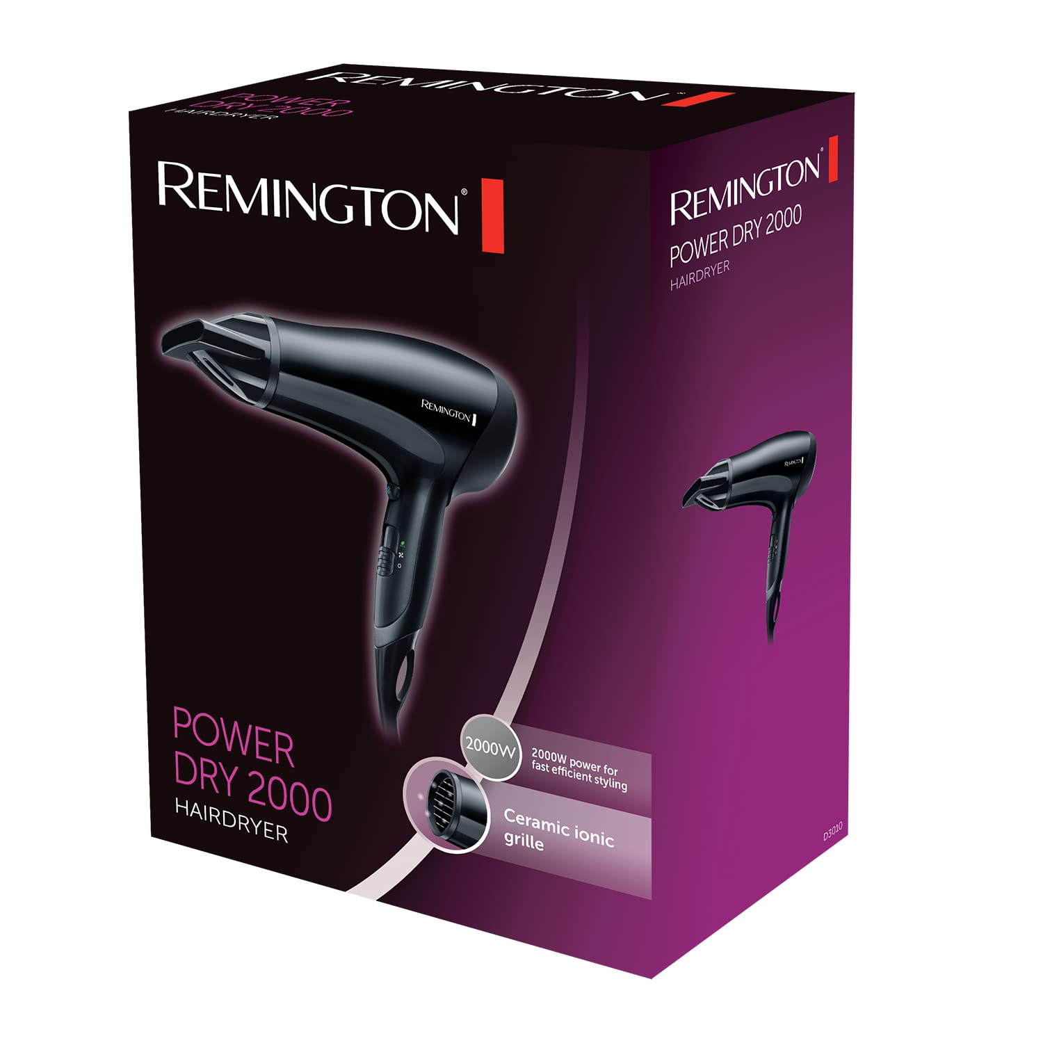 Remington D3010 Power Dry Lightweight Hair Dryer, 2000 W, Black - Damaged Box
