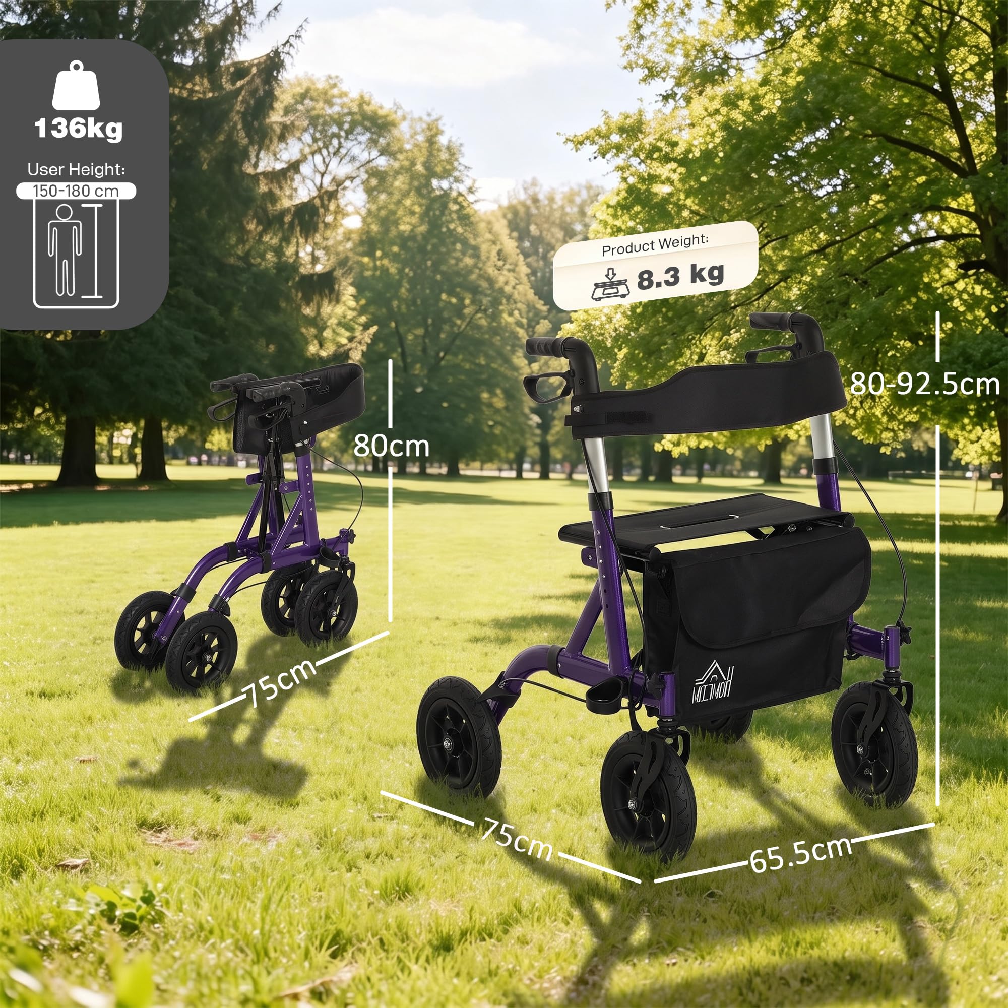 HOMCOM Folding Rollator Walker with Seat - Backrest - Lightweight 4-Wheeled Walking Frame - Purple - Adjustable Handle - Dual Brakes - New