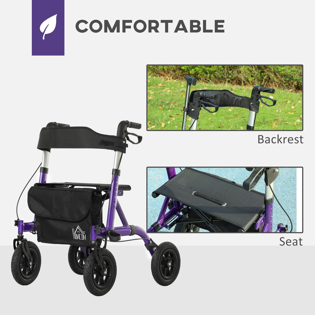 HOMCOM Folding Rollator Walker with Seat - Backrest - Lightweight 4-Wheeled Walking Frame - Purple - Adjustable Handle - Dual Brakes - New