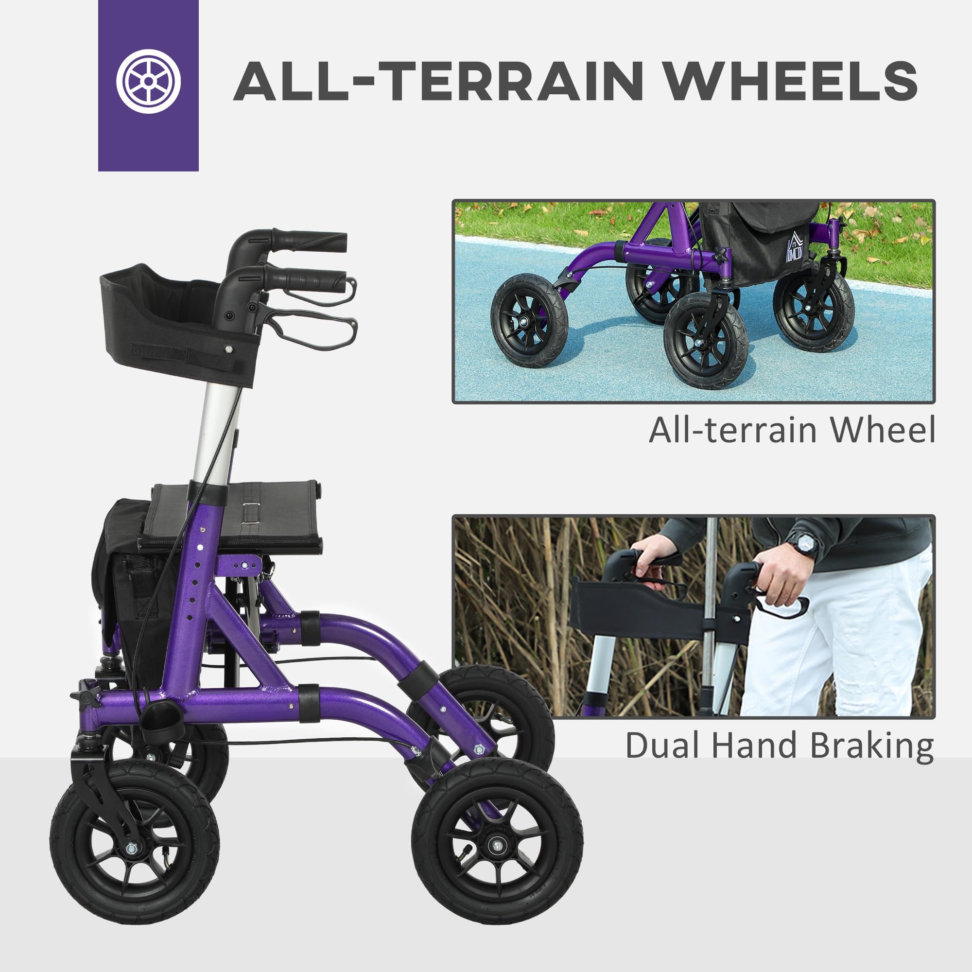 HOMCOM Folding Rollator Walker with Seat - Backrest - Lightweight 4-Wheeled Walking Frame - Purple - Adjustable Handle - Dual Brakes - New