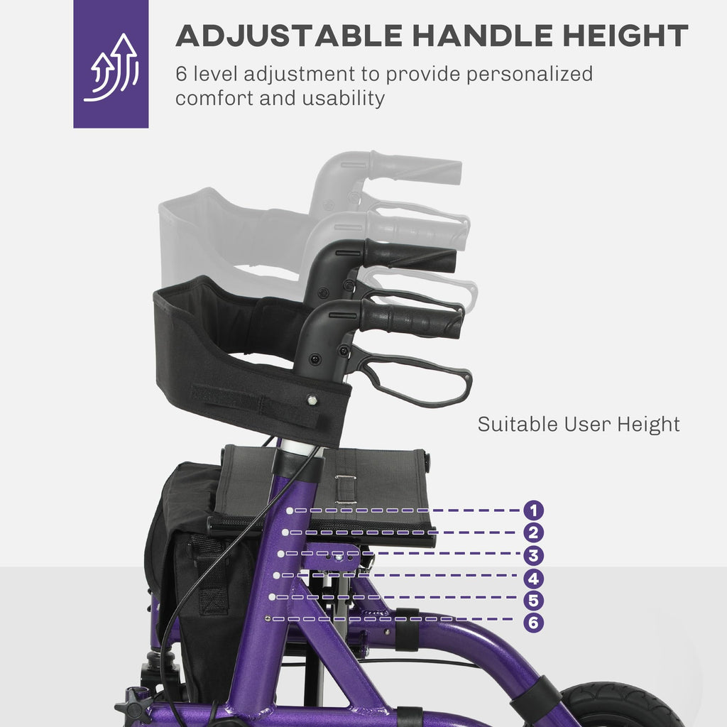 HOMCOM Folding Rollator Walker with Seat - Backrest - Lightweight 4-Wheeled Walking Frame - Purple - Adjustable Handle - Dual Brakes - New
