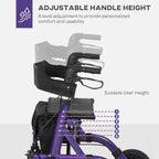 HOMCOM Folding Rollator Walker with Seat - Backrest - Lightweight 4-Wheeled Walking Frame - Purple - Adjustable Handle - Dual Brakes - New