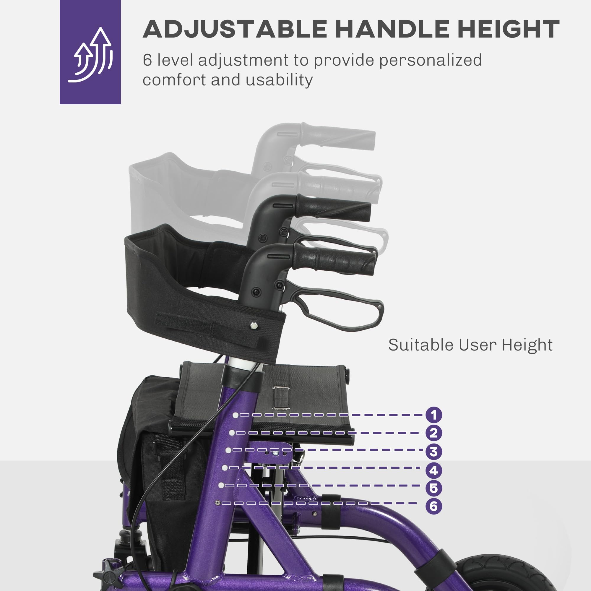 HOMCOM Folding Rollator Walker with Seat - Backrest - Lightweight 4-Wheeled Walking Frame - Purple - Adjustable Handle - Dual Brakes - New