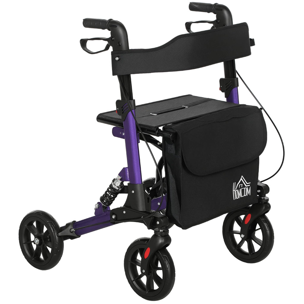 HOMCOM Folding Rollator Walker with Seat - Backrest - Lightweight 4-Wheeled Walking Frame - Purple - Adjustable Handle - Dual Brakes - New