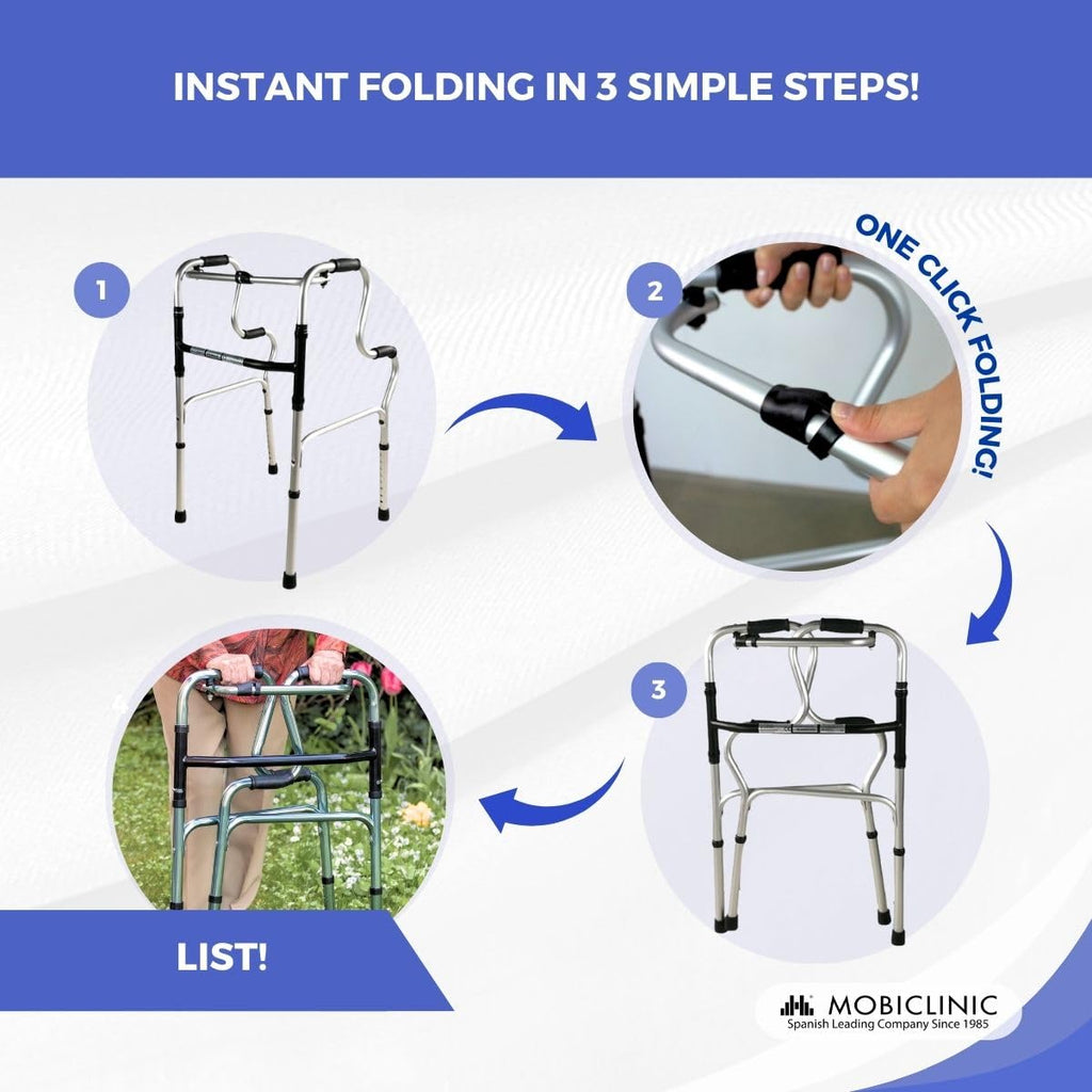 Mobiclinic(R), Walking Frame for The Elderly, Lightweight Foldable Rollator, Aluminium, Non-Slip, Height Adjustable, Without Wheels, 4 Legs, P'ortico, Elderly People, Walking Frame for Adults - Damaged Box