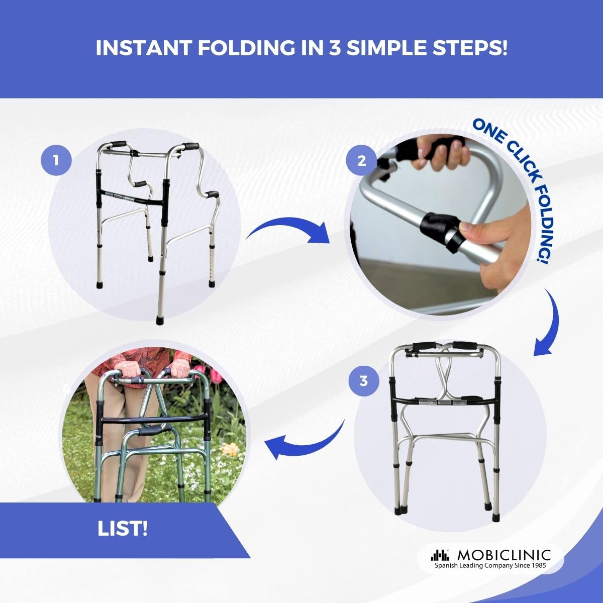 Mobiclinic(R), Walking Frame for The Elderly, Lightweight Foldable Rollator, Aluminium, Non-Slip, Height Adjustable, Without Wheels, 4 Legs, P'ortico, Elderly People, Walking Frame for Adults - Damaged Box