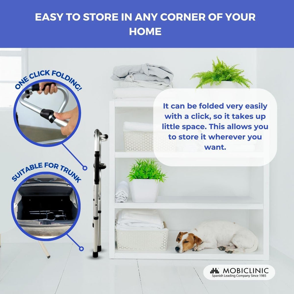 Mobiclinic(R), Walking Frame for The Elderly, Lightweight Foldable Rollator, Aluminium, Non-Slip, Height Adjustable, Without Wheels, 4 Legs, P'ortico, Elderly People, Walking Frame for Adults - Damaged Box