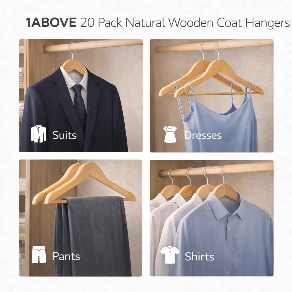 1ABOVE Wooden Coat Hangers with Non-Slip Trouser Bar & Shoulder Notches - Natural Wood - Brown - 20 Pack - Like New