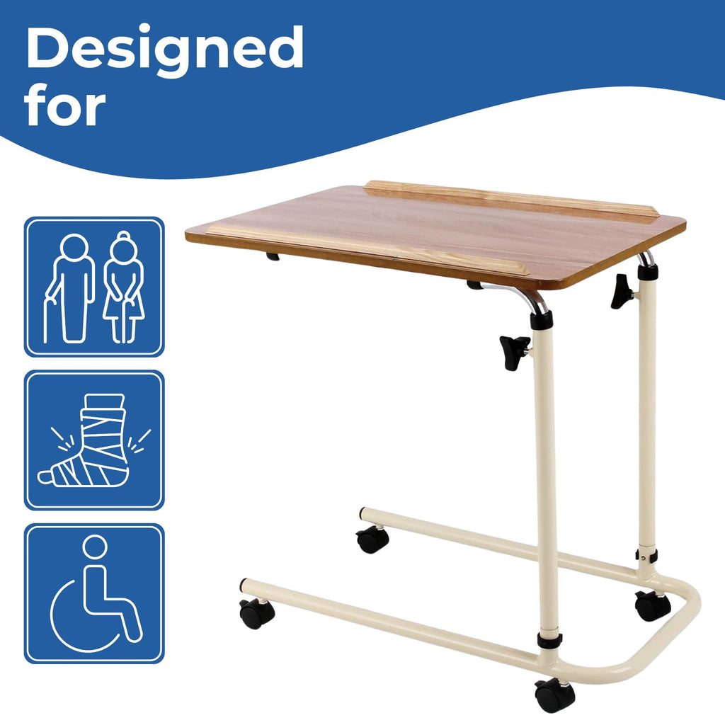 Days Overbed Table with Wheels - Height Adjustable, Lightweight, 61x40cm Laminated Surface for Bed/Chair - New