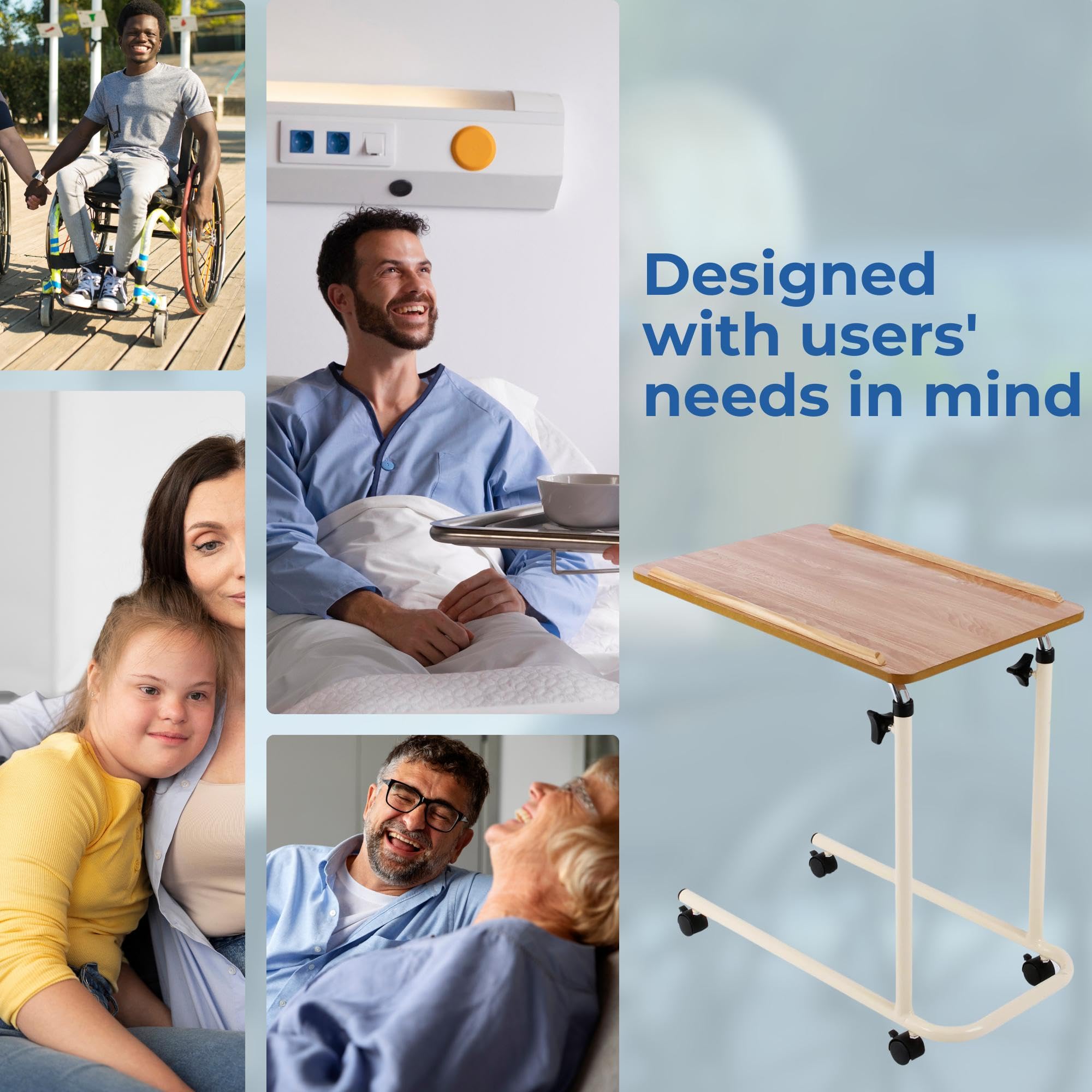 Days Overbed Table with Wheels - Height Adjustable, Lightweight, 61x40cm Laminated Surface for Bed/Chair - New