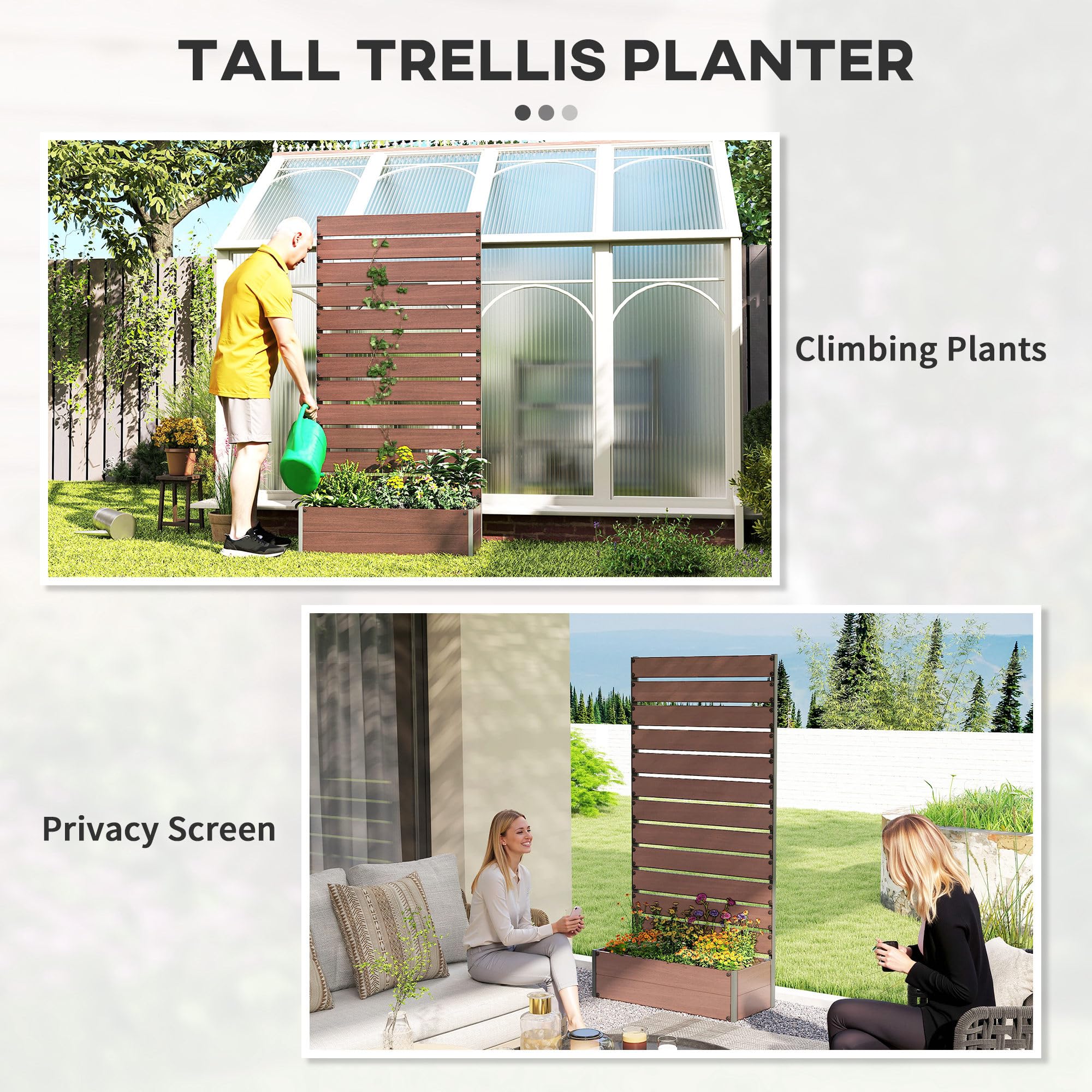 Outsunny Garden Planter with Trellis for Climbing Plants, Vines, Flowers, Freestanding Raised Bed for Garden, Outdoor, Patio, Planter Box with Drainage Gap, Light Brown - Damaged Box