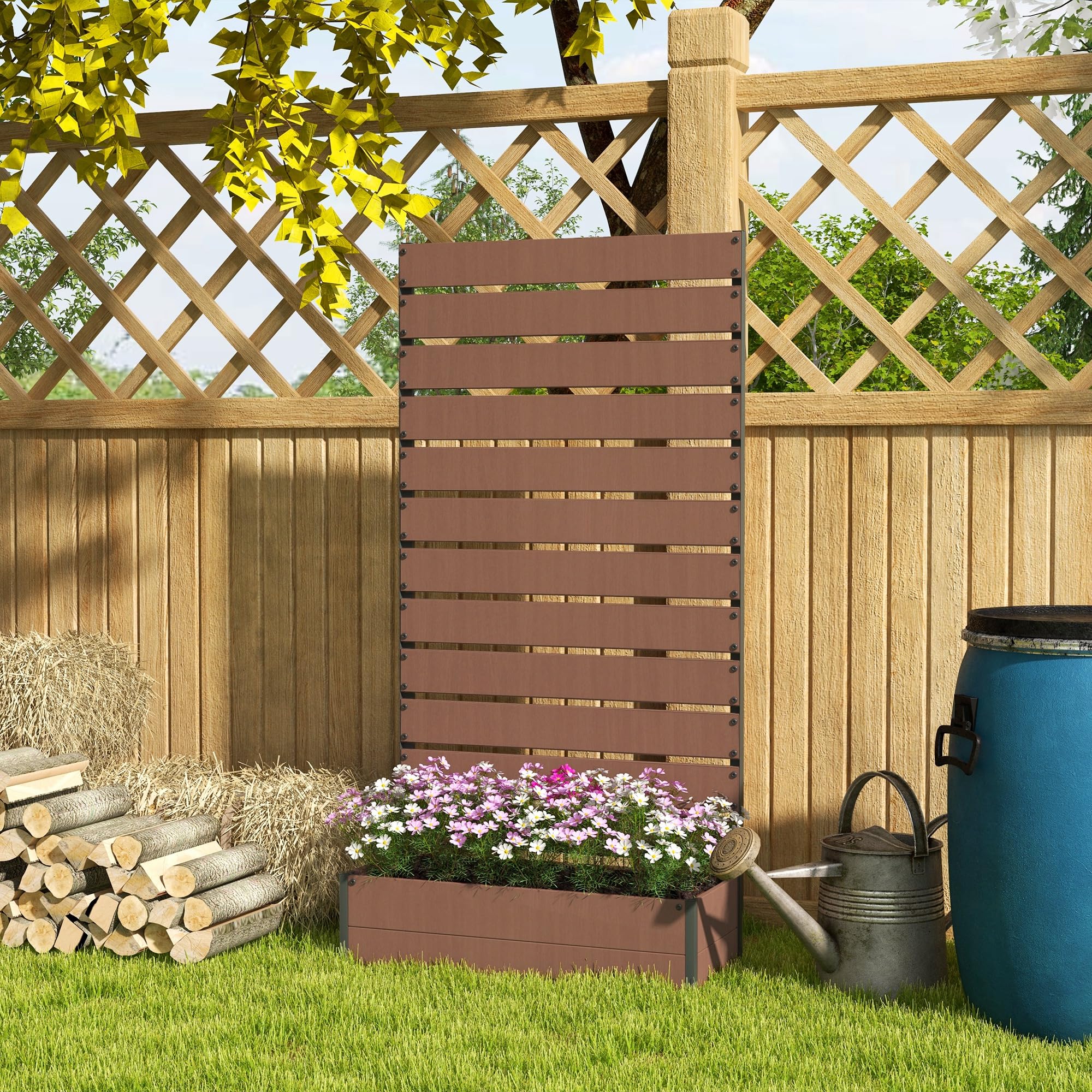 Outsunny Garden Planter with Trellis for Climbing Plants, Vines, Flowers, Freestanding Raised Bed for Garden, Outdoor, Patio, Planter Box with Drainage Gap, Light Brown - Damaged Box