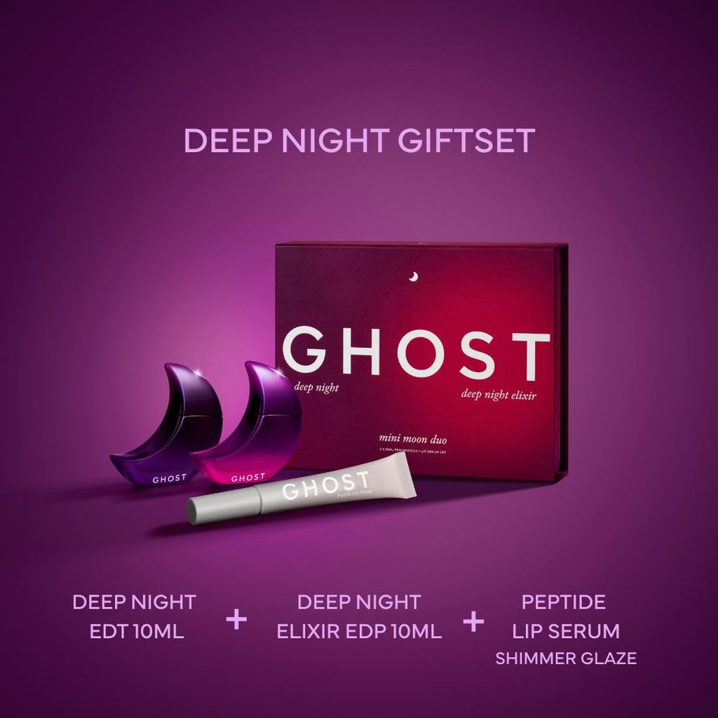 Ghost Deep Night Fragrance Gift Set - Includes EDT 10ml, Deep Night Elixir EDP 10ml & Shimmer Glaze Peptide Lip Serum - New