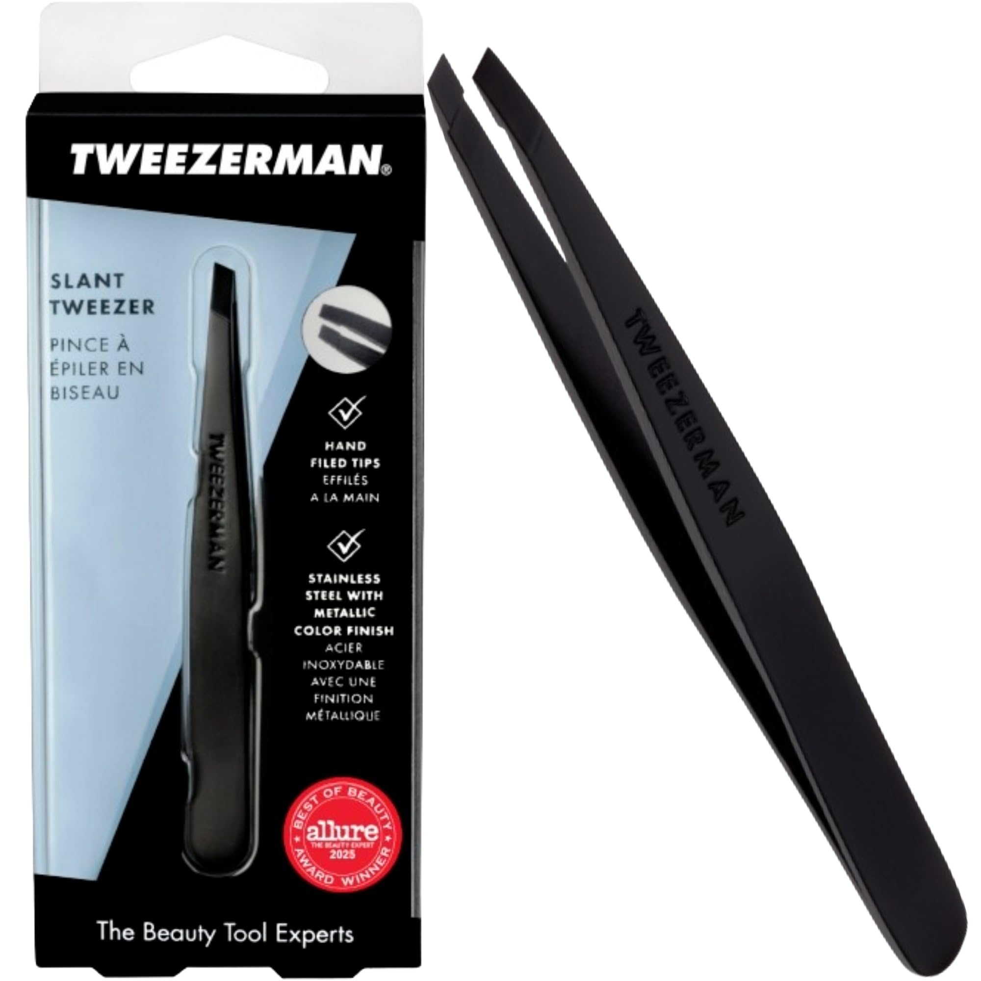 Tweezerman Black Matte Slant Tweezer, Professional Stainless Steel Precision Tweezers for Facial Hair and Eyebrows, (Pack of 1) - Damaged Box