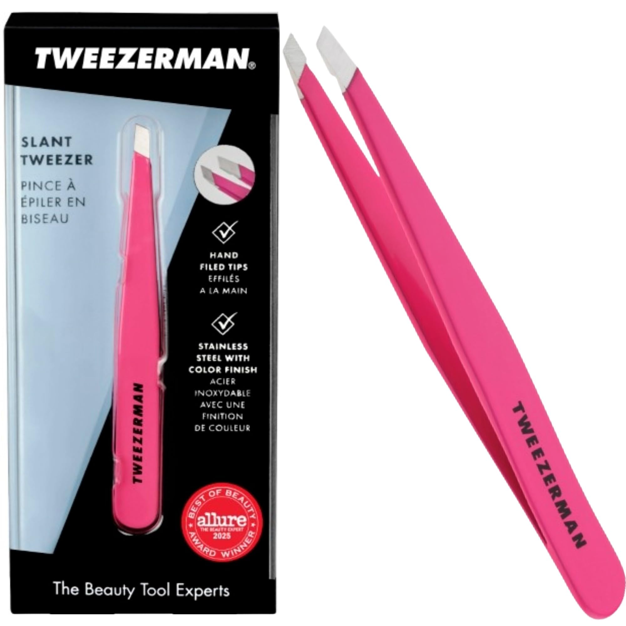 Tweezerman Black Matte Slant Tweezer, Professional Stainless Steel Precision Tweezers for Facial Hair and Eyebrows, (Pack of 1) - Damaged Box