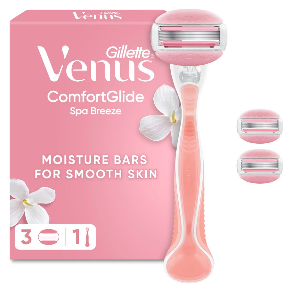 Gillette Venus ComfortGlide Women's Razor, Spa Breeze - 3 Refill Razor Cartridges, Reusable Metal Handle and Shower Holder - Damaged Box