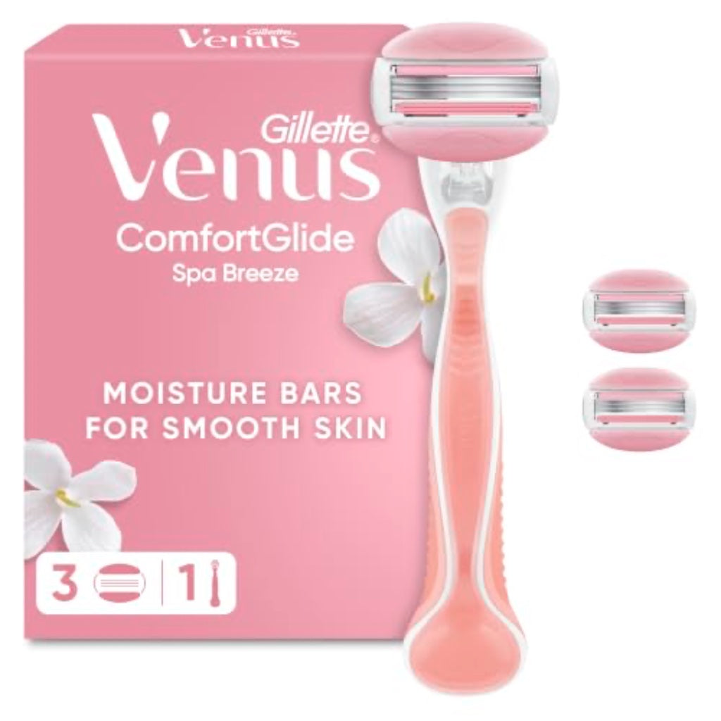 Gillette Venus ComfortGlide Women's Razor, Spa Breeze - 3 Refill Razor Cartridges, Reusable Metal Handle and Shower Holder - Damaged Box