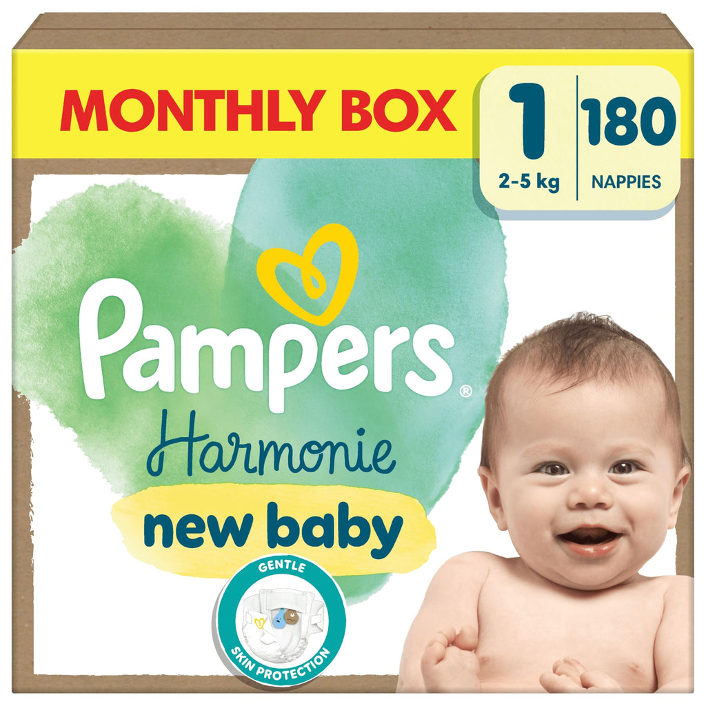 Pampers Harmonie Nappies Size 1 (2-5kg) - 180 Nappies Monthly Pack - Gentle Skin Protection - Damaged Box